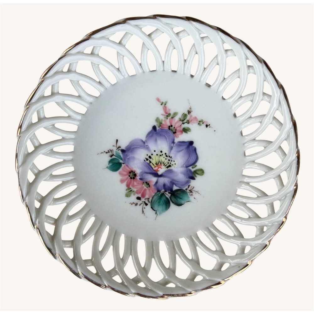 Vintage Sumi Cluj Romania Reticulated Porcelain Trinket Dish 3.5" Signed Nilas